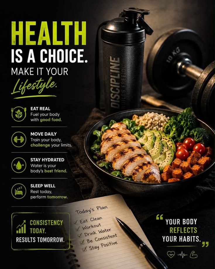 Healthy meal, shaker bottle and dumbbell