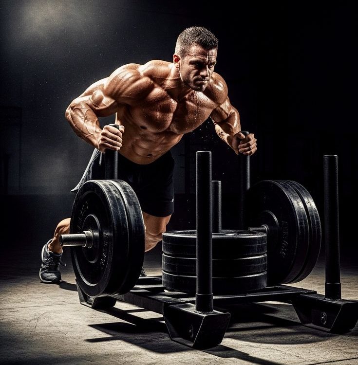 Athlete pushing a loaded weight sled